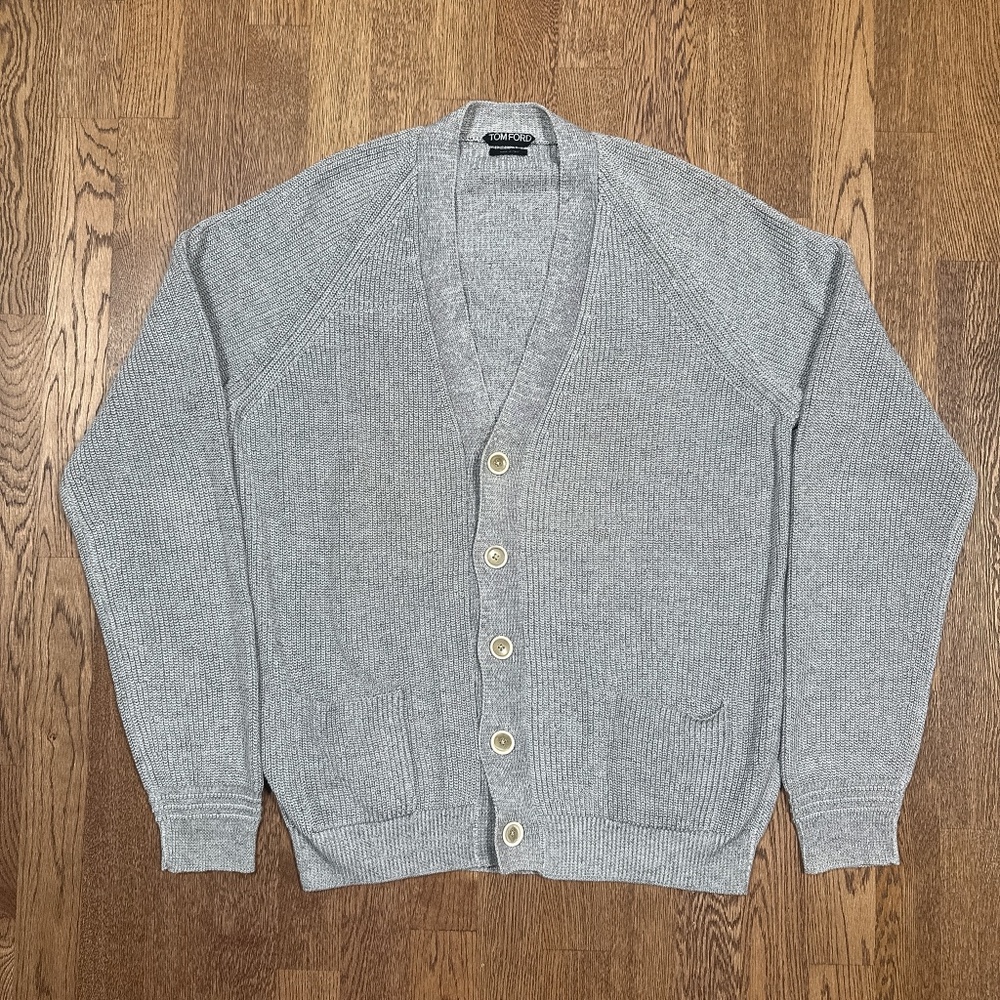 Tom Ford Cotton Linen Heavyweight Ribbed Gray Cardigan Sweater Mens 56